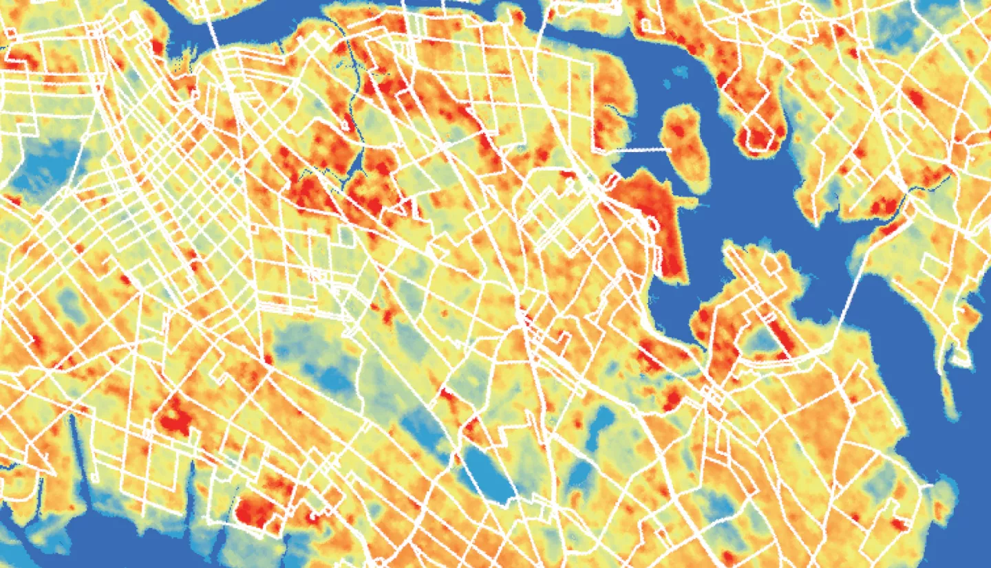 Urban heat island effect in New York City, New York calculated using Landsat 8 TIRS imagery from May 2020-21. Red and orange areas depict where the effect is most severe and bus routes are overlayed in white. Areas where bus routes intersect with high heat exposure can be prioritized for bus shelters and community engagement. 