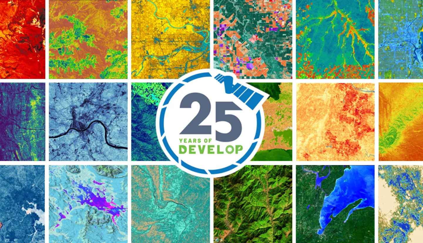 DEVELOP Day Banner image of gridded remote sensing pictures with the DEVELOP anniversary logo in the center