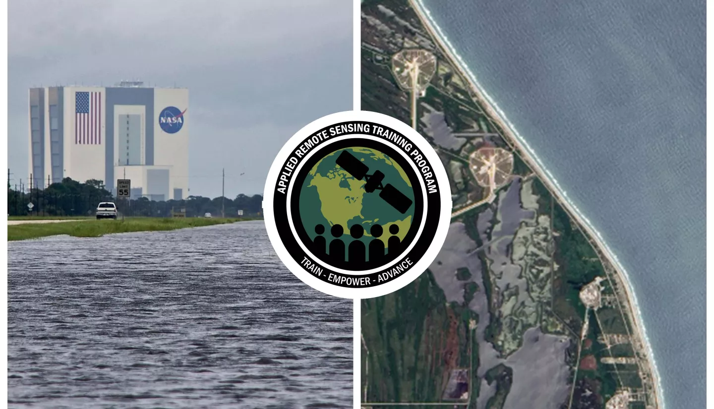Side by side photos of flooded Kennedy Space Center, one on the ground and one from space