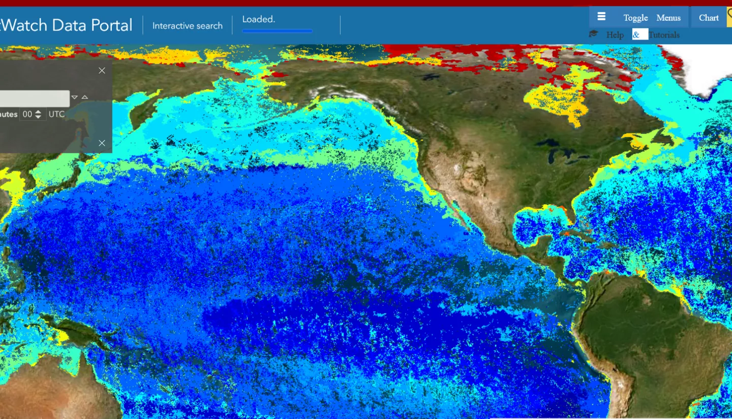 full-color map of the Coast Watch Data portal showing differences in the oceans