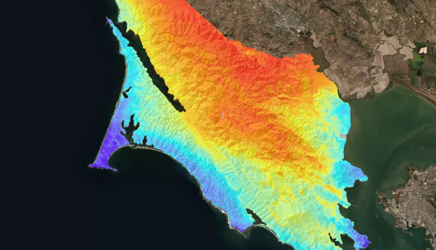 This is a visualization of ECOSTRESS’ Evaporative Stress Index in Marin County, CA. The data is an average of summer months from 2018 – 2022. Scores closer to 0, or red/orange areas, indicate plants are in stress, meaning they are not meeting their potential evapotranspiration, while scores closer to 1, or blue areas, indicate plants are thriving and closer to reaching potential evapotranspiration.