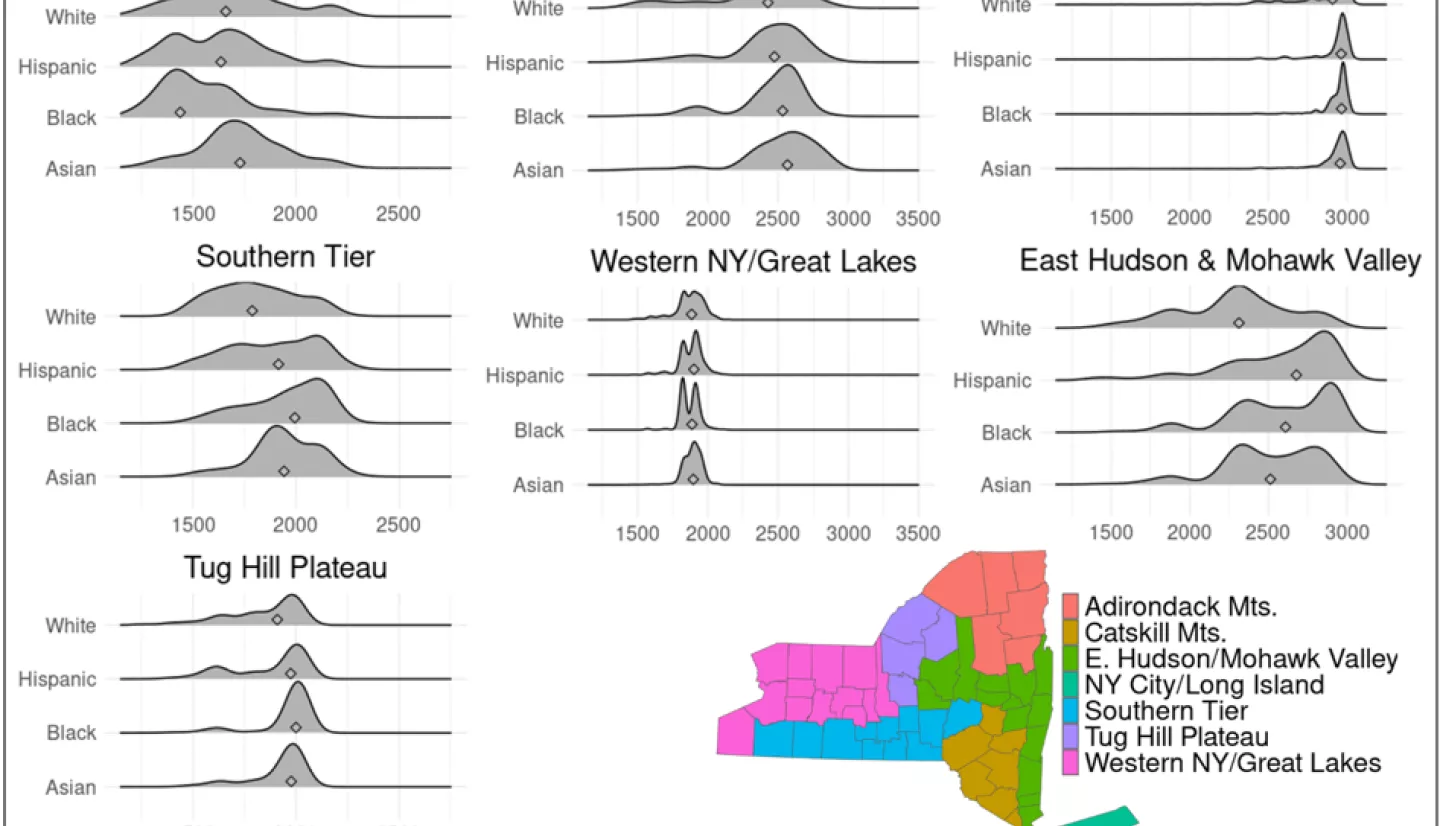 Kernel density distributions of census tract-level cooling degree days from May through September 2013 in Fahrenheit by race/ethnicity across the climate regions of New York State. Cooling degree days are calculated with a threshold of 65°. White = Non-Hispanic White, Hispanic = Hispanic/Latino of any race, Black = Non-Hispanic Black, Asian = Non-Hispanic Asian. 
