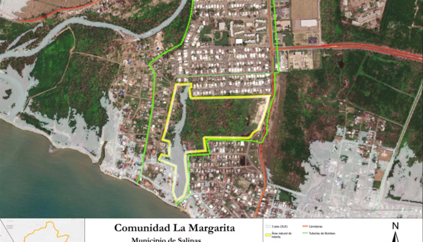 A map of the community, La Margarita, which is a municipal neighborhood of Salinas, Puerto Rico. The map outlines the location of La Margarita in proximity to the wider city of Salinas, as well as natural areas of interest.