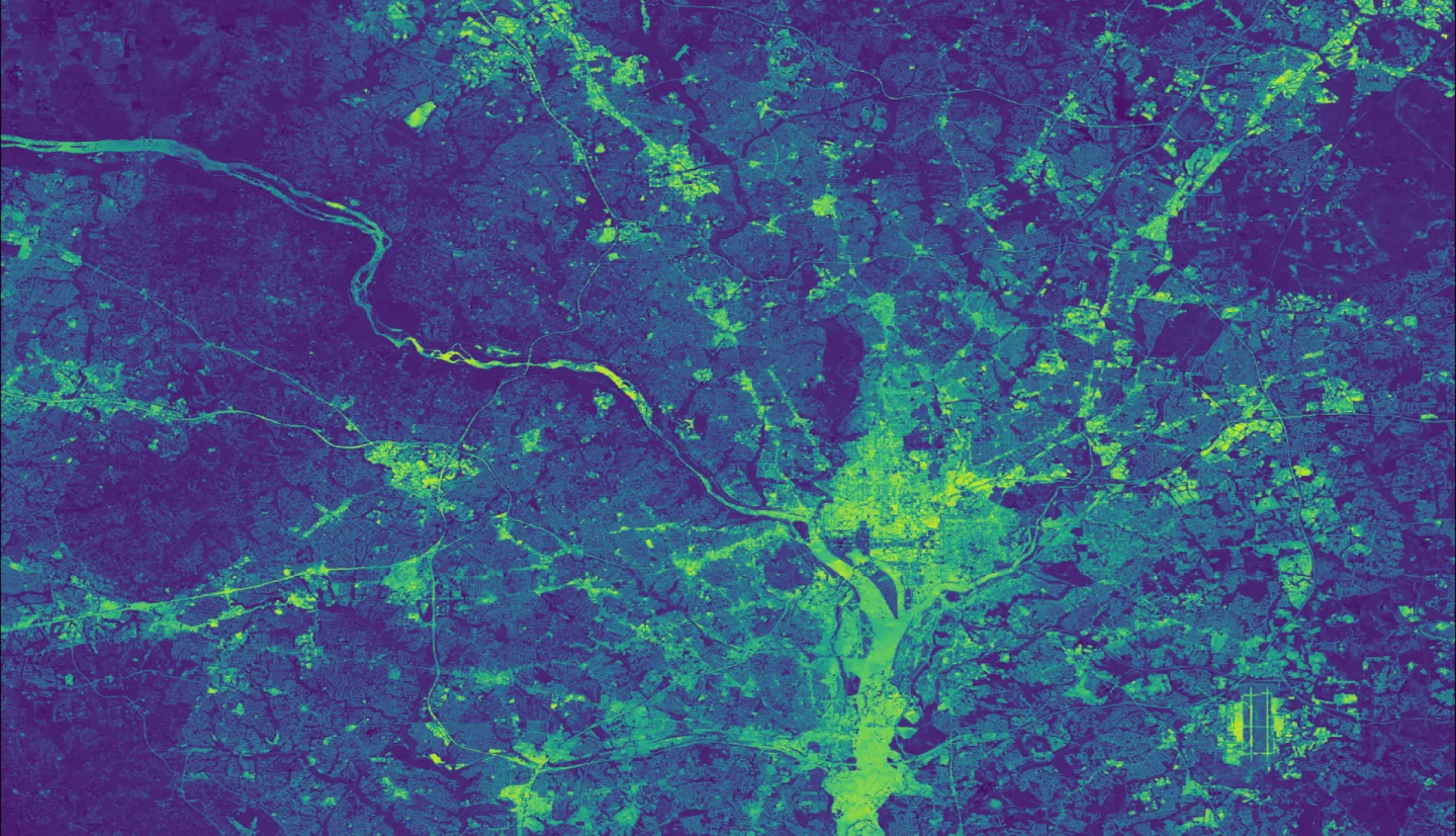 NDVI-processed imagery from Landsat 8 OLI/TIRS data. This composite image of Washington, D.C., and the surrounding area representing max green values over the summer months of 2022. Blue shades in the image represent vegetated areas, while green and yellow shades represent water and areas with no vegetation. Plant cover has a major impact on water quality, making it crucial for the National Park Service to understand the state of vegetation in this region. 