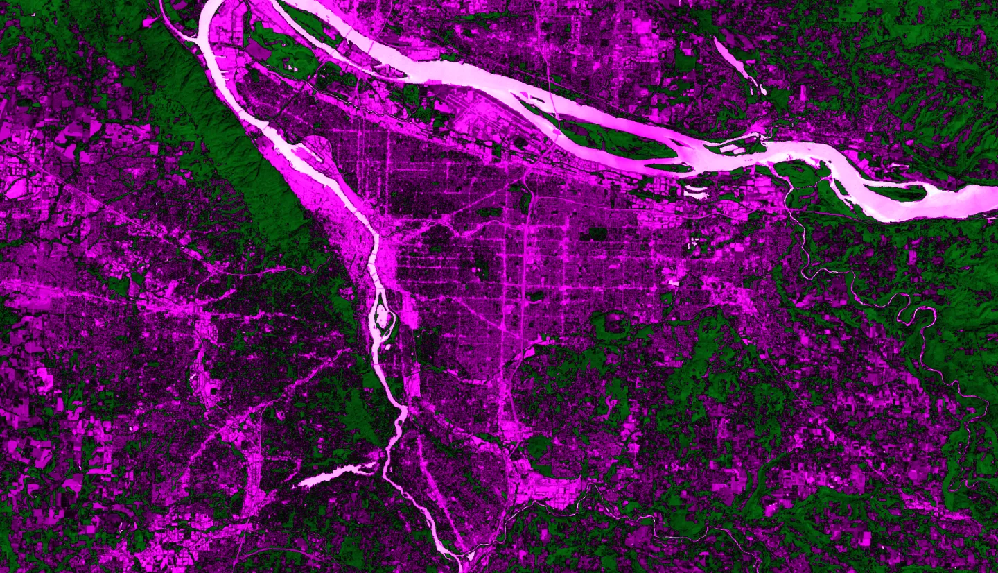 NDVI-processed image from Landsat 8 OLI June 2022 data. Black and magenta indicates Portland's built landscape, with the bright magenta depicting the highest concentrations of impervious surfaces. In light pink, the Willamette River dissects the city with surrounding green vegetation. The NDVI conveys areas with high urban build-up with a lack of access to greenspace, illustrating lived experiences of urban heat and contributing to Depave's knowledge of areas that are in most need of depaving.