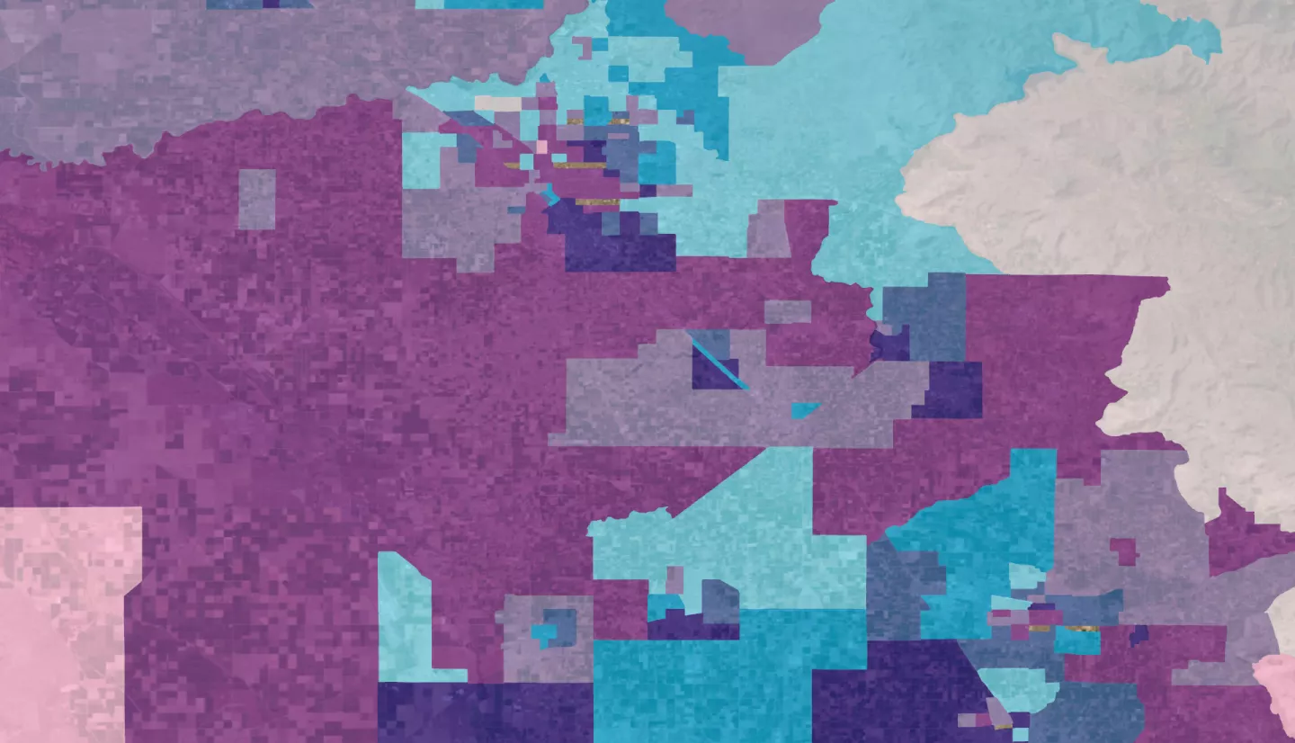 2022 imagery of 95th percentile Aerosol Optical Depth (AOD) data from Terra/Aqua MODIS mapped against social vulnerability data from the EPA's EJScreen within the San Joaquin Valley's census tracts. Pink indicates higher levels of at-risk populations, and blue indicates higher levels of AOD. Darker shades of blue and purple indicate an overlap of high levels of air pollution and high at-risk population.
