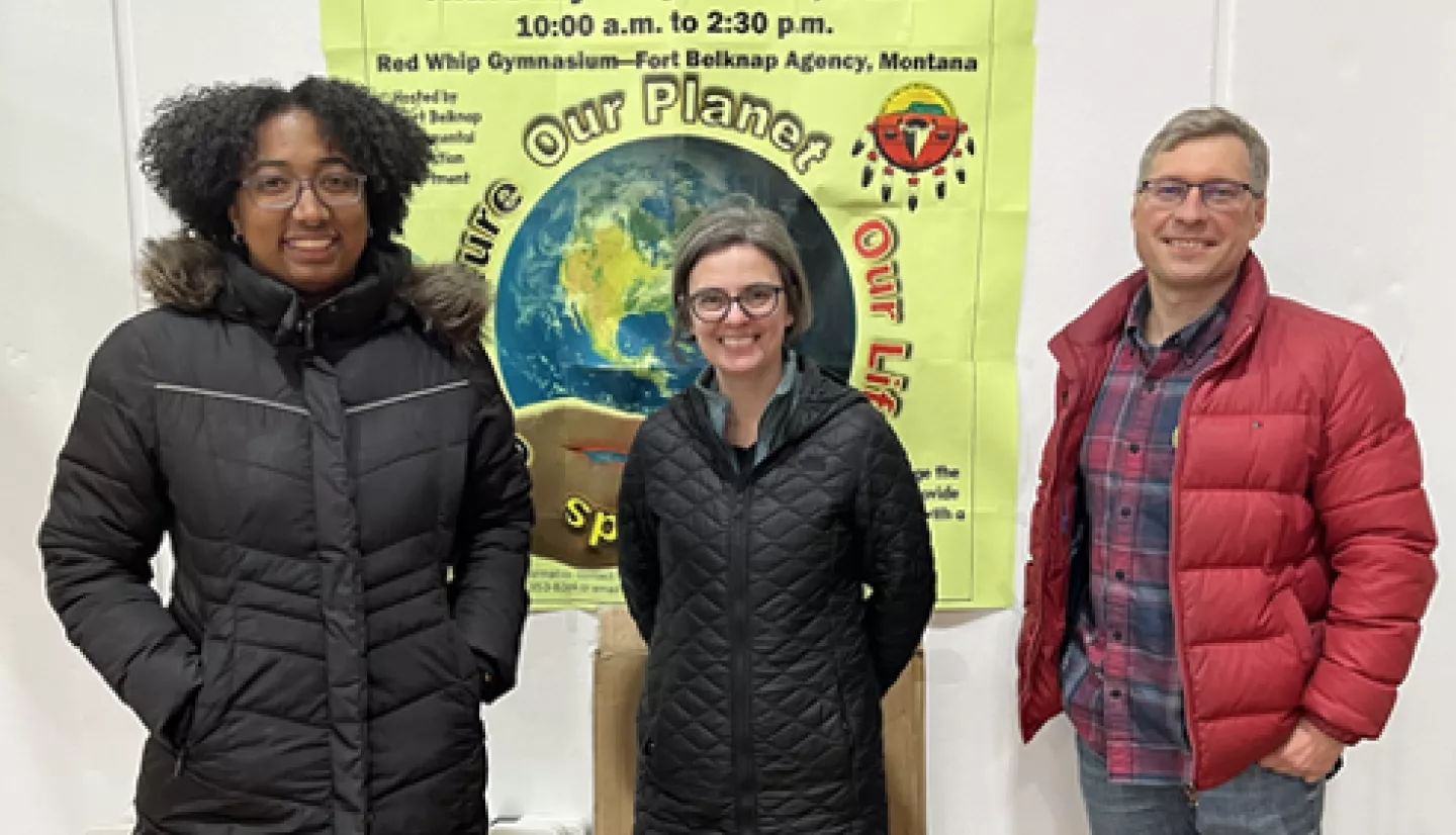 On April 20, 2023, Gasmine Myers, Julie Silva, and Sergii Skakun participated in the Fort Belknap Indian Community’s Annual Earth Day Fair in Harlem, Montana. The event was organized by the Fort Belknap Environmental Protection Department and over 200 students in Grades 4-6 attended the event. Gasmine, Julie, and Sergii ran an educational activity —adapted from an issue of NASA’s EOKids—titled ‘Watching Wildfires from Space’ that demonstrated how wildfires are monitored using satellites and Earth observatio