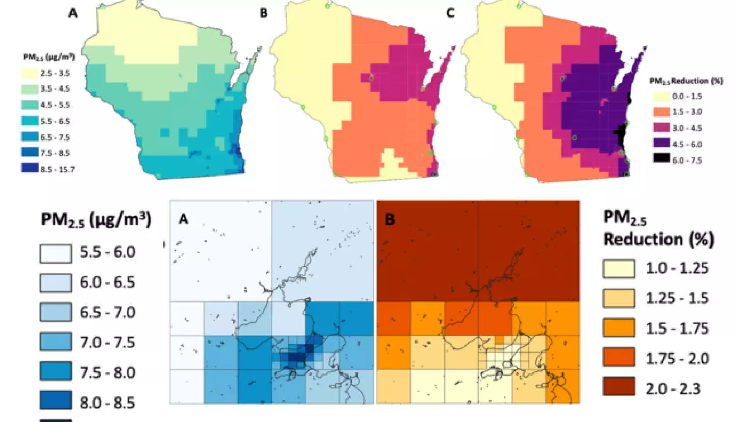 Example of InMAP application to stakeholder requested analysis in Wisconsin. Upper row: A) 2014 annual average PM2.5; B) Reduction in PM2.5 since 2014 due to closures of coalfired power plants; C) Reductions in PM2.5 expected due to planned closures of coalfired power plants. Lower Row: A) 2014 annual PM2.5 over Madison, Wisconsin; B) Reductions in PM2.5 expected from the planned retirement of the Columbia Generating Center.