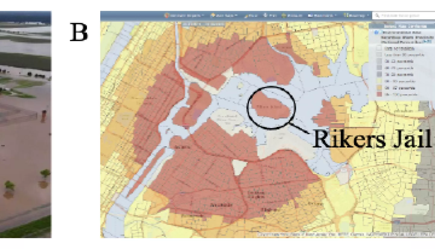 Environmental hazards that affect prisons. A) Federal Correctional Institution in Beaumont, TX, inundated during Hurricane Harvey, B) Rikers jail in 95th percentile (indicated by red) of national proximity to hazardous waste site, image credit: EJSCREEN, C) coal slurry located approximately 1 mile from proposed prison facility in Letcher county, KY