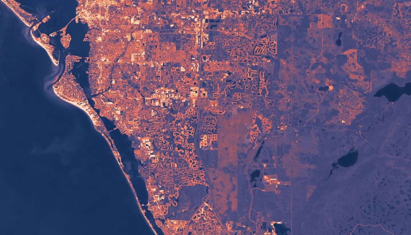 Albedo derived from Landsat 8 &amp; 9 OLI data throughout summer 2019 to 2023. White beige pixels signify effective solar radiation reflection (higher albedo), followed by peach, violet, and dark purple. This data is input for the InVEST Urban Cooling model, which calculates heat dissipation efficiency. Light-colored roofs and dense vegetation can increase albedo. Urban areas with lots of purple patches may be more vulnerable to heat, making them a priority for heat mitigation efforts.