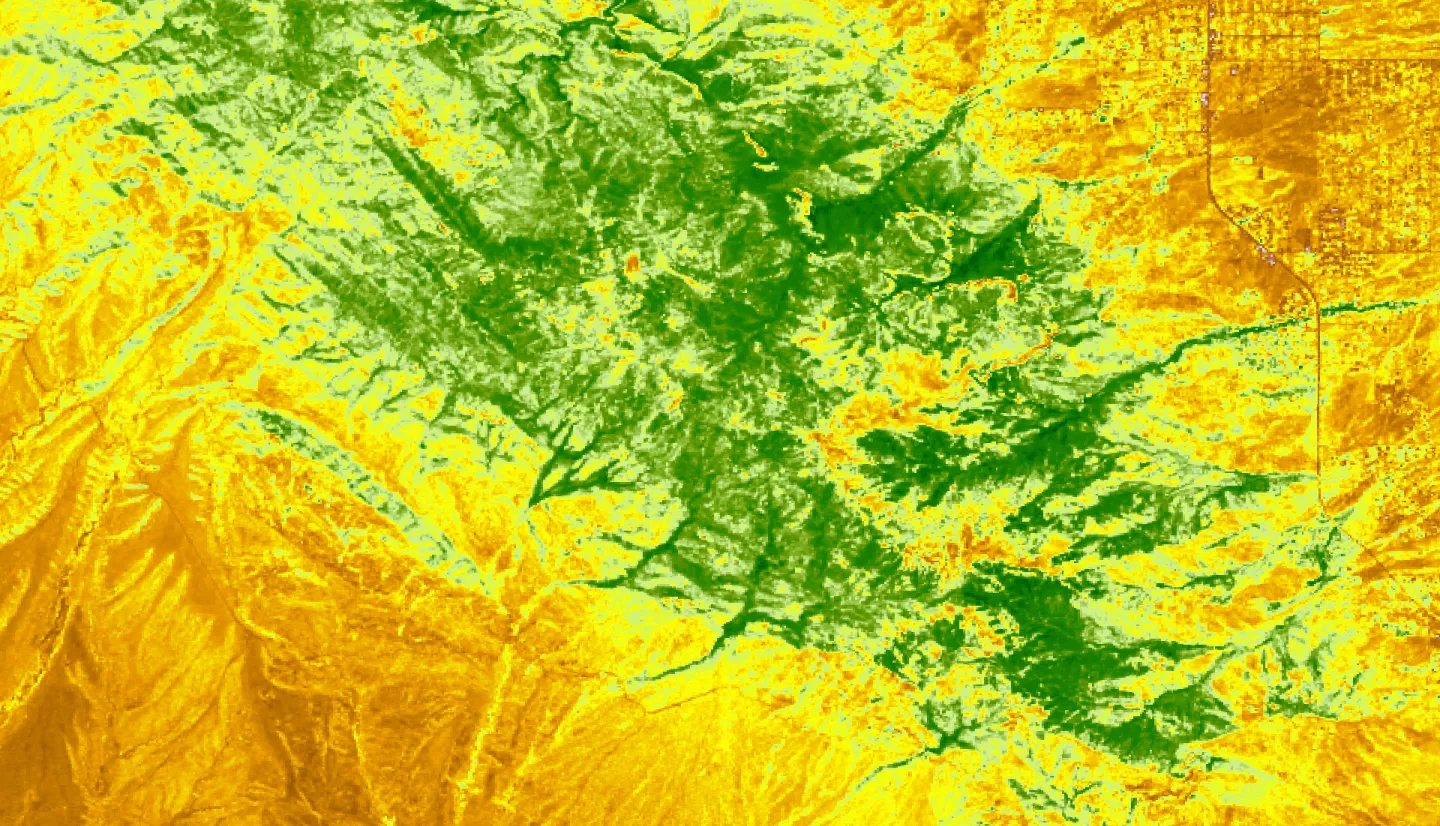 NDVI map calculated from an April 2023, Landsat-8 OLI image of Coronado National Memorial and the surrounding area. The shades of green represent current vegetation, while areas in bright yellow and dark orange represent areas with little to no vegetation. By selecting an image during the dry season, the map highlights the unique ecosystem of sky islands which is characterized by changing vegetation at different elevations.