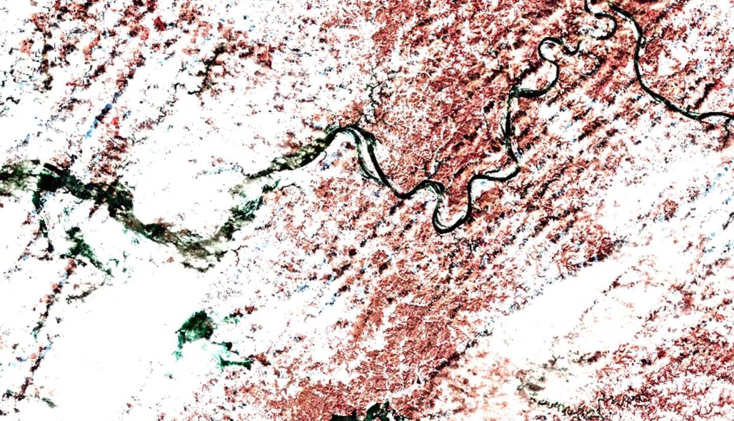This color infrared imagery from the NASA/USGC Landsat 9 satellite on Feb. 19, 2025, shows areas in Indiana and Kentucky impacted by the Ohio River Valley flooding.