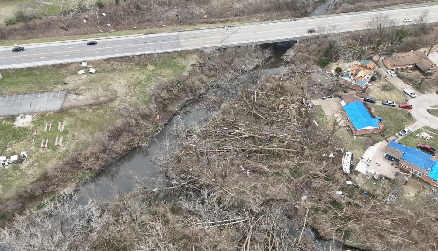 Aerial photo of downed trees and houses with blue tarps from tornado damage.