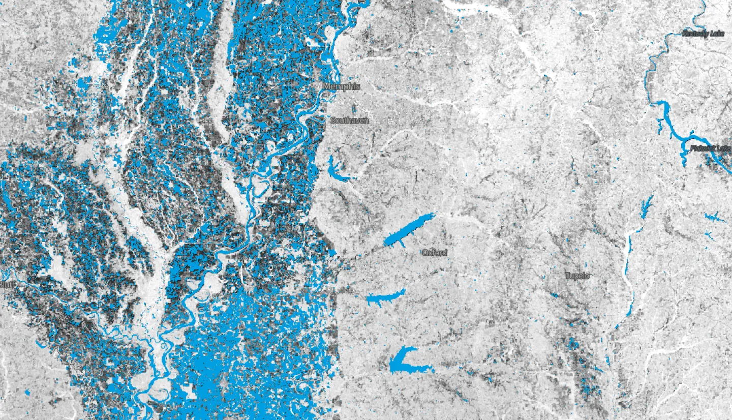 Satellite map of surface water extents in the central U.S., with water shown in blue and land in white.
