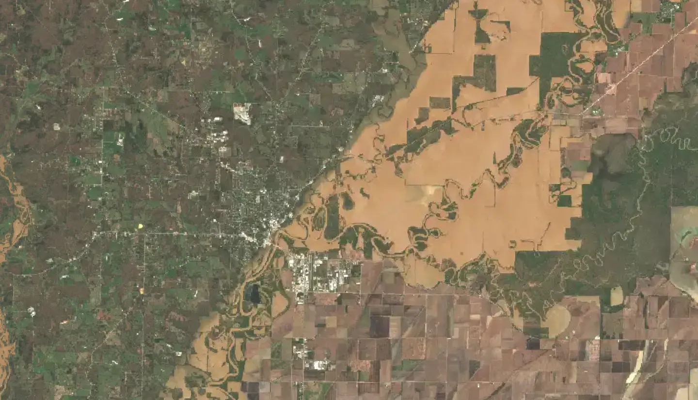 Satellite imagery of flooding in Arkansas.