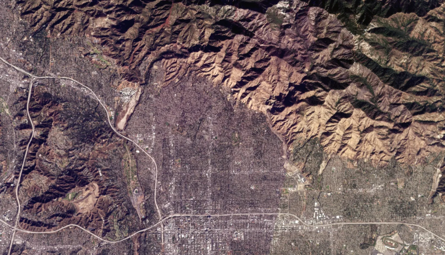 Planet labs satellite image of Altadena, CA, after the LA fires in Jan. 2025.