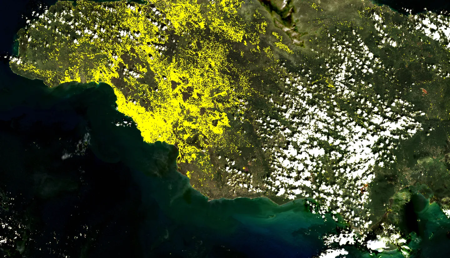 Satellite map of potential damage to vegetation in Jamaica.