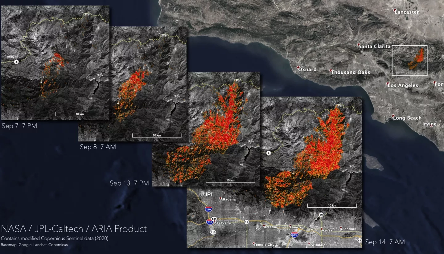 Map showing likely damaged areas in Angeles National Forest on September 7th, 8th, 13th, and 14th.