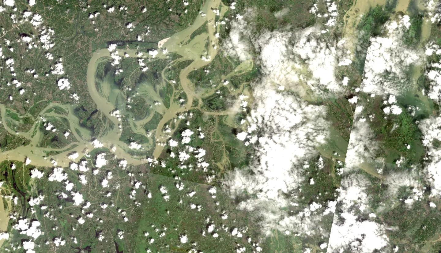 A satellite map showing flooding around the Meghna river in Bangladesh.