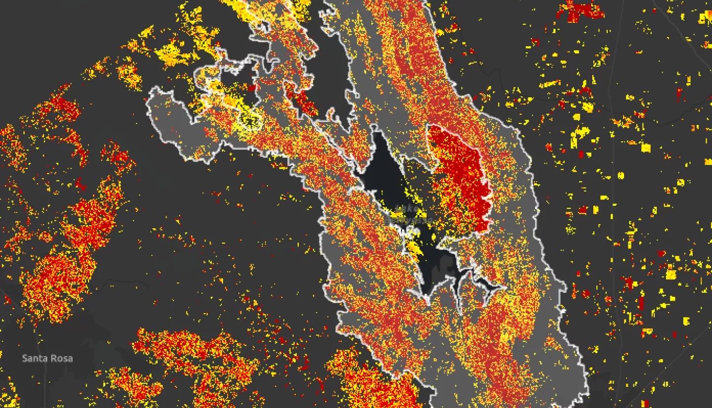 Damage Proxy Map of the LNU Lightning Complex fires showing likely damaged areas in red and yellow. The map was generated by comparing airborne UAVSAR data collected before (October 2nd &amp; 3rd, 2018) and during (September 3rd, 2020) the fires. The white outline indicates the perimeter of the LNU Lightning Complex fire as of September 11th as determined by the National Interagency Fire Center (NIFC) – this perimeter aids in differentiating current from historical fire damage and potential false positives in t