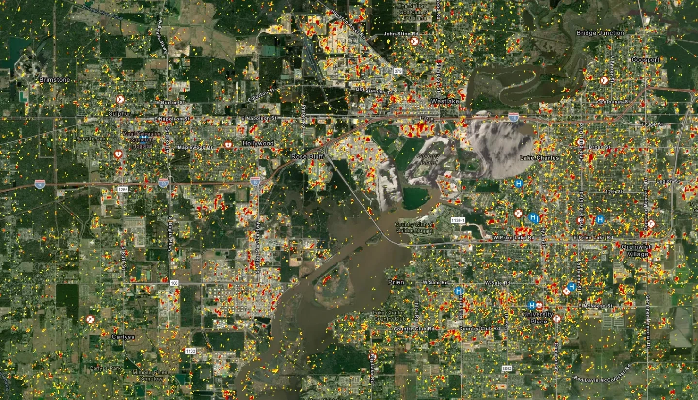 This Damage Proxy Map (DPM) shows likely damaged areas in red and yellow in Lake Charles, LA, due to high winds and flooding from Hurricane Laura. The map is derived from synthetic aperture radar (SAR) data acquired by European Space Agency (ESA) Copernicus Sentinel satellites before (Aug. 20, 2021) and after (Sep. 1, 2021) the event. Satellite observations can be combined with data on local infrastructure and lifelines, such as the roads, hospitals and fire stations shown here, to help local response agenc