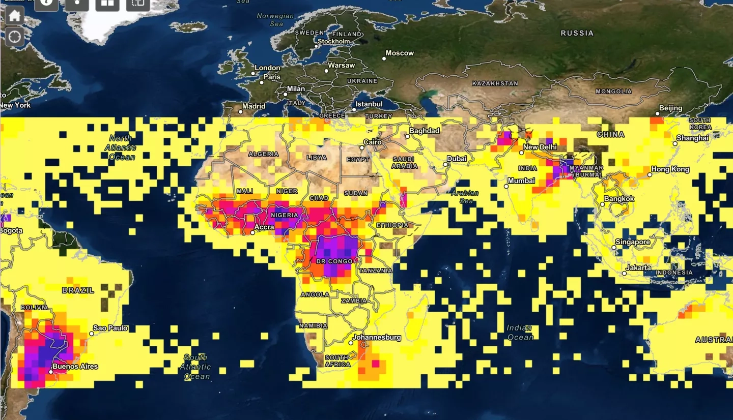 This image from the NASA Langley Hailstorm Data Visualization portal depicts a hailstorm climatology derived from Tropical Rainfall Measurement Mission data across the African continent, as well as other international hail hotspots. Darker colored areas experience more hailstorms annually than lighter colored areas. Credits: NASA, Kristopher M. Bedka