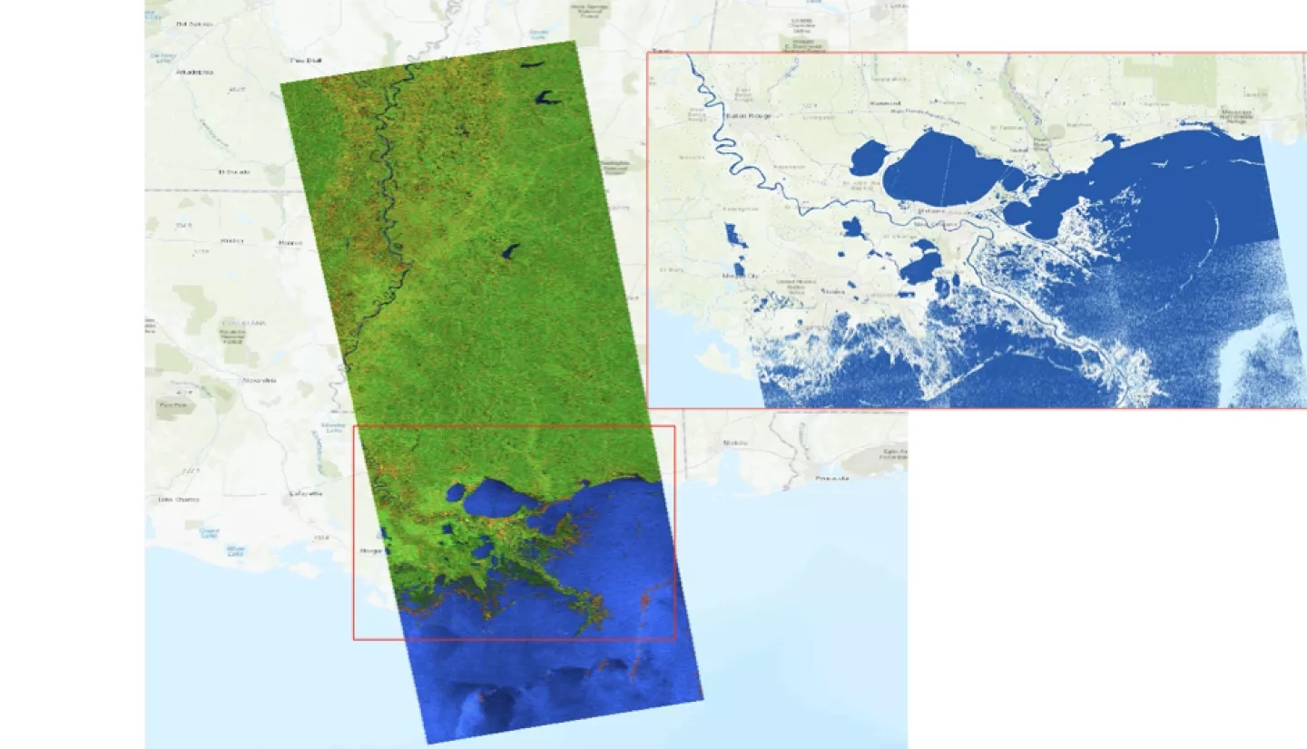 This imagery, derived from ESA Sentinel-1 satellite observations on Aug. 28, 2021, at 7:02 p.m. CDT, provides a look at water conditions in Louisiana before Hurricane Ida made landfall. 