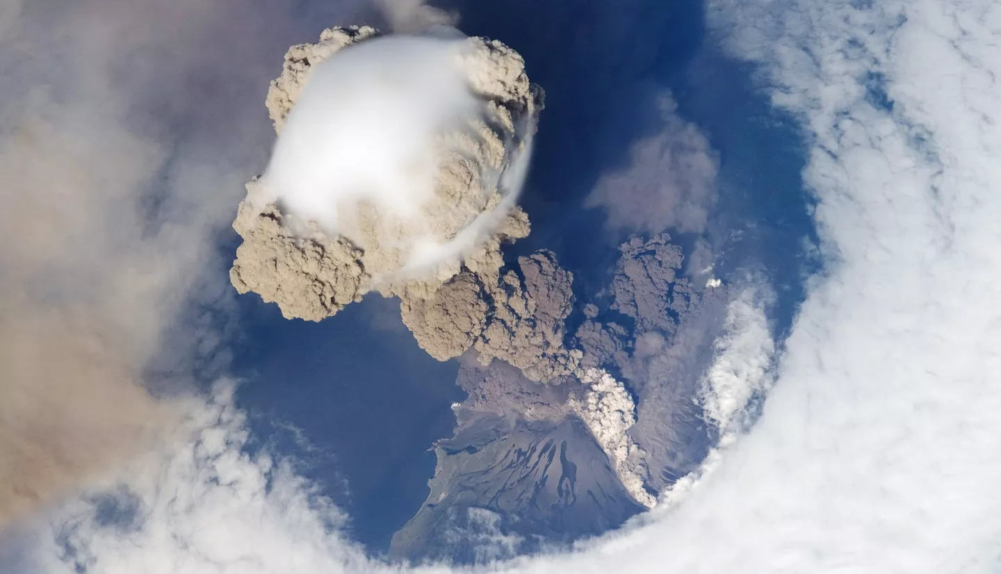 An ISS Expedition 20 crew member captured this oblique angle photograph of an eruption of the Sarychev Volcano in the Kuril Islands, northeast of Japan, on June 12, 2009. Optical imagery is one tool among many that helps scientists understand the nature of volcanic clouds (ash, water, sulfate aerosols) but cannot discriminate between ash and water/ice clouds from large distances away. Credits: NASA, Photo ID: ISS020-E-9048