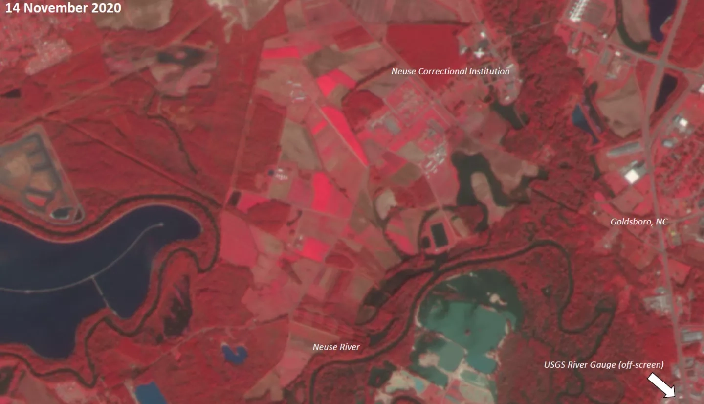 False-color optical satellite imagery from November 7, 14, and 16, show flooded areas around the Neuse River expanding as the region received more rainfall. Water is shown in black, while vegetation is shown in red. Credit: NASA / Planet Labs / Contains modified Copernicus Sentinel data (2020), processed by ESA.