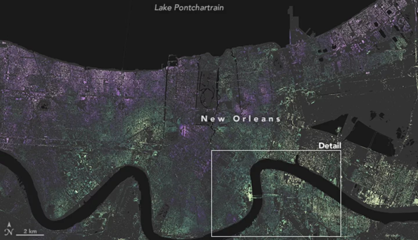 map of greater New Orleans area showing data on where the land is sinking