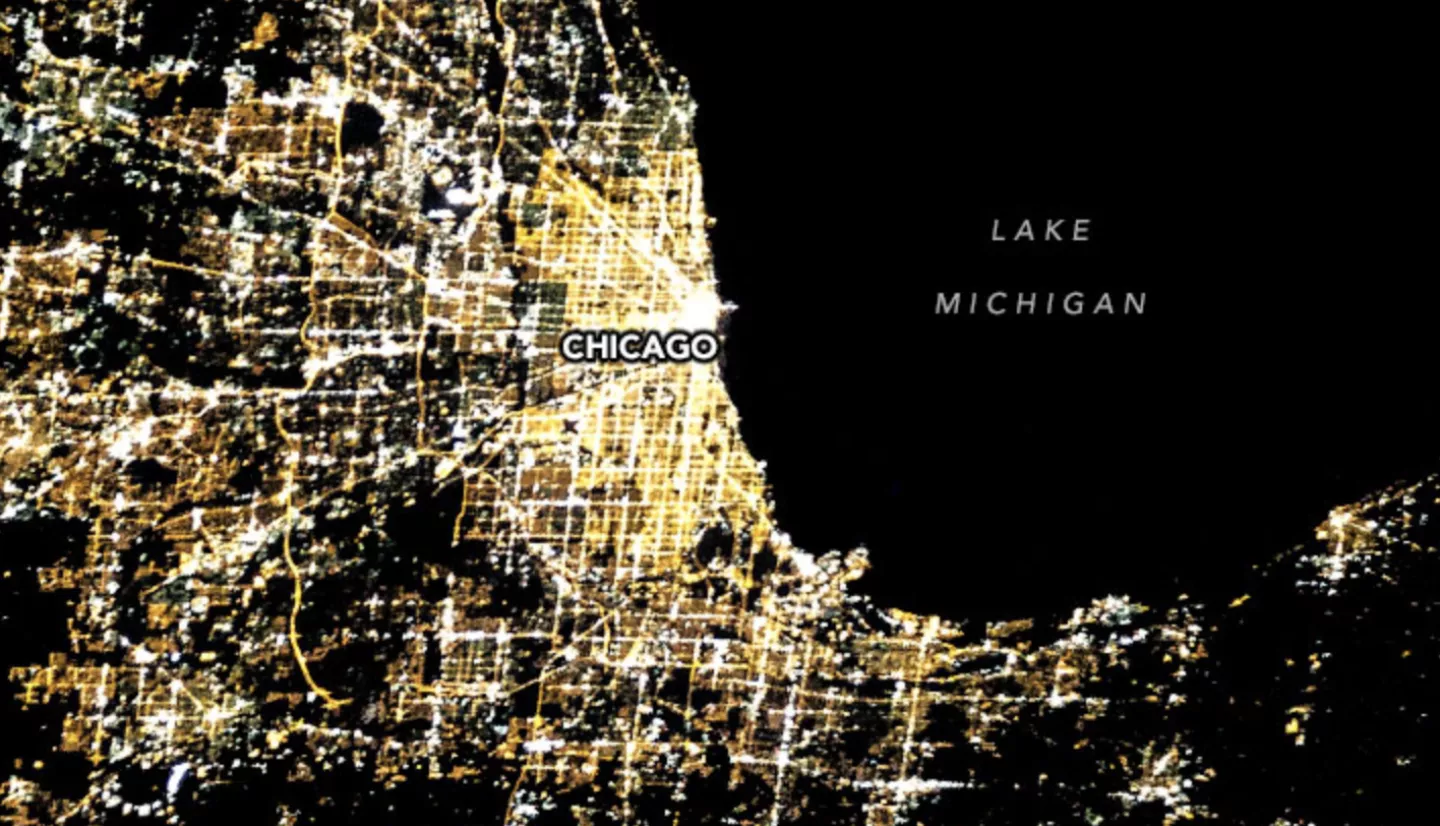 satellite photo showing the city of Chicago at night