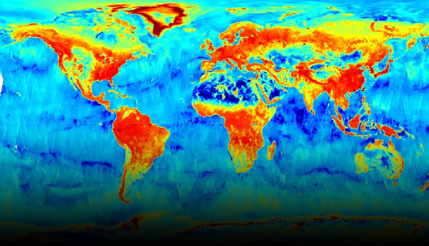 satellite image of global map with multiple colors indicating moisture levels