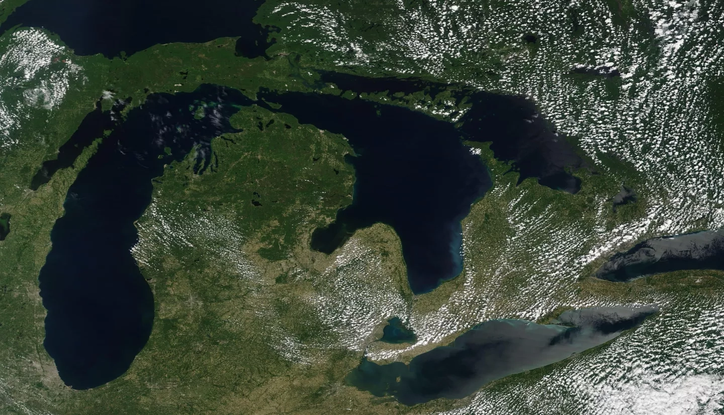 satellite image of Great Lakes region of United States