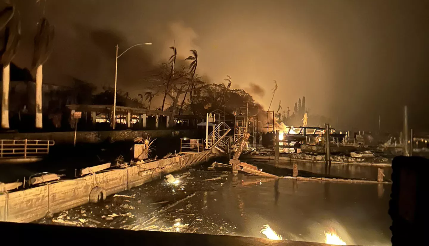 Wildfires rage in Lahaina, Maui as the U.S. Coast Guard and partners conduct rescue efforts. Credits: U.S. Coast Guard