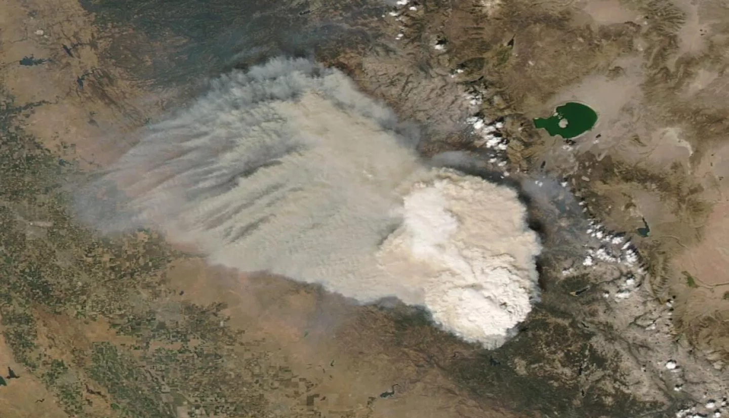 This natural-color image from the Moderate Resolution Imaging Spectroradiometer (MODIS) instrument aboard NASA’s Aqua satellite shows a pyrocumulonimbus cloud forming from the the Creek Fire on September 5th, 2020. Credit: NASA Worldview. 