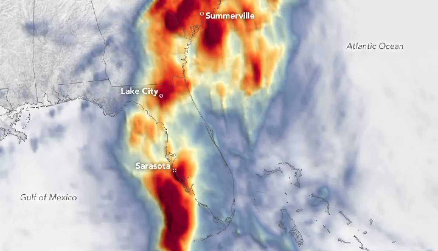 Map of IMERG precipitation estimates from Tropical Cyclone Debby, showing heavy precipitation  over the eastern U.S.