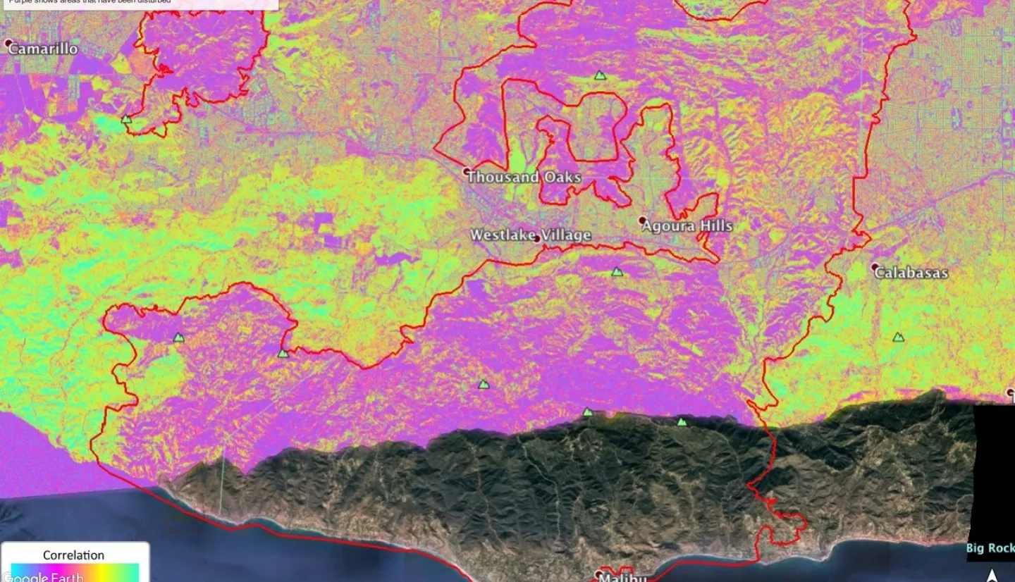 UAVSAR image overlaid a Googe Earth Map. Credit: Andrea Donnellan, NASA JPL, Google Earth, UAVSAR