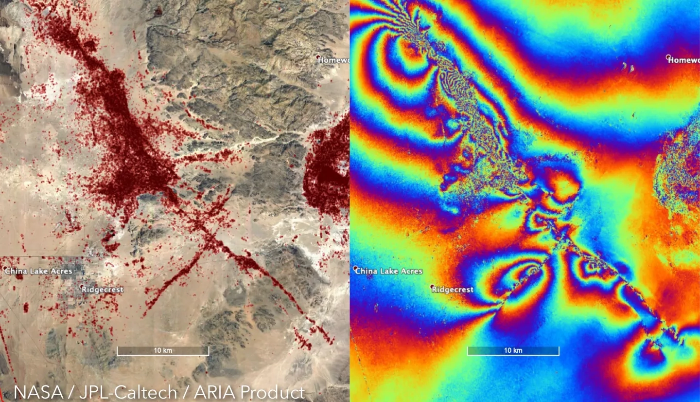 This imagery from the NASA-JPL ARIA team shows a decorrelation map on the left that shows surface rupture and disturbance, and an updated surface deformation map on the right produced at a higher resuolution of 30m. Credit: NASA-JPL, JAXA,