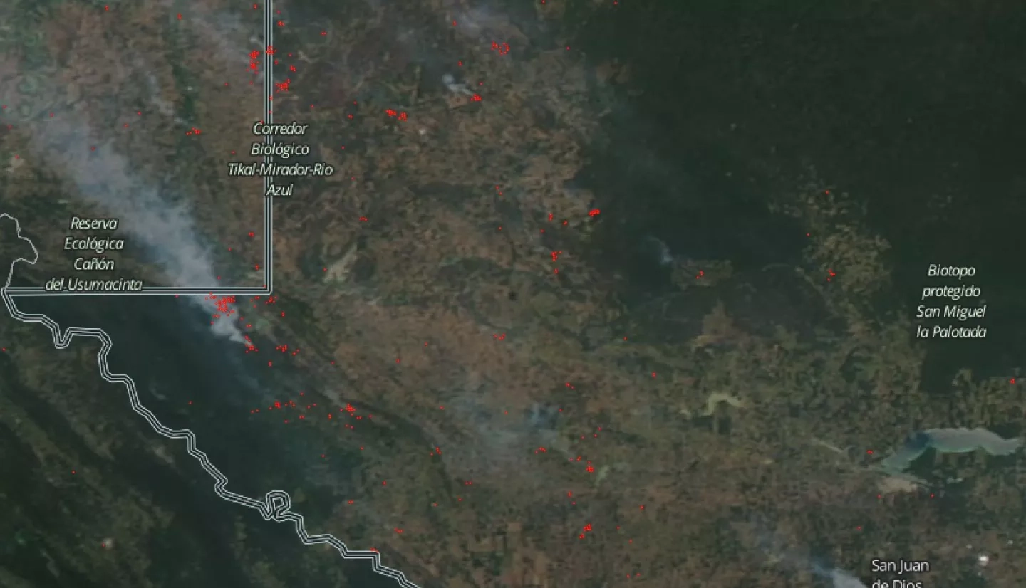 Aqua true-color image overlaid with active-fire detections, shown in red, take from MODIS (onboard Terra and Aqua) and VIIRS (onboard Suomi-NPP), showing smoke streaming from wildfires in Guatemala on April 1st 2017.