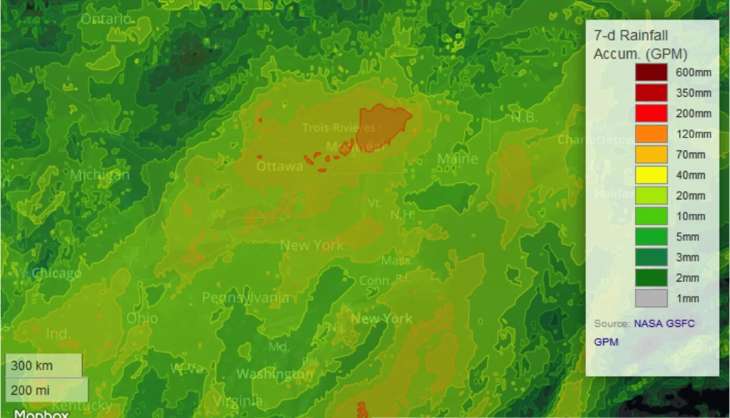 GPM IMERG 7 day rainfall accumulation ending on May 7th, 2017 for the Quebec region.