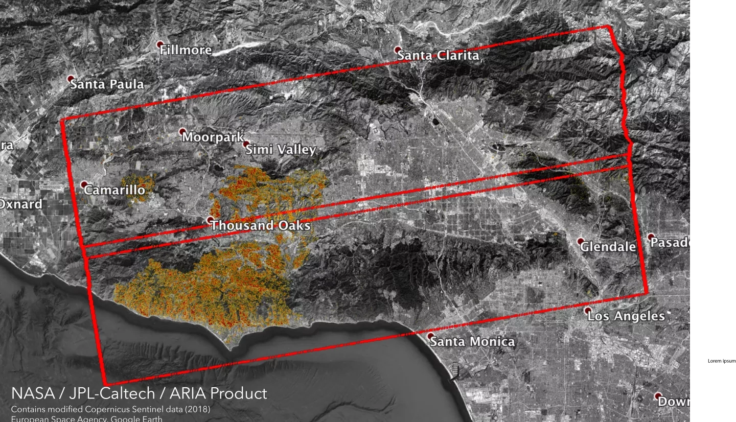 ARIA's Damage Proxy Map shows areas damaged by the Woolsey Fire in California. 