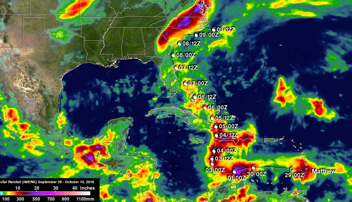 This image shows the amount of rainfall dropped by Hurricane Matthew over the life and track of the storm. 