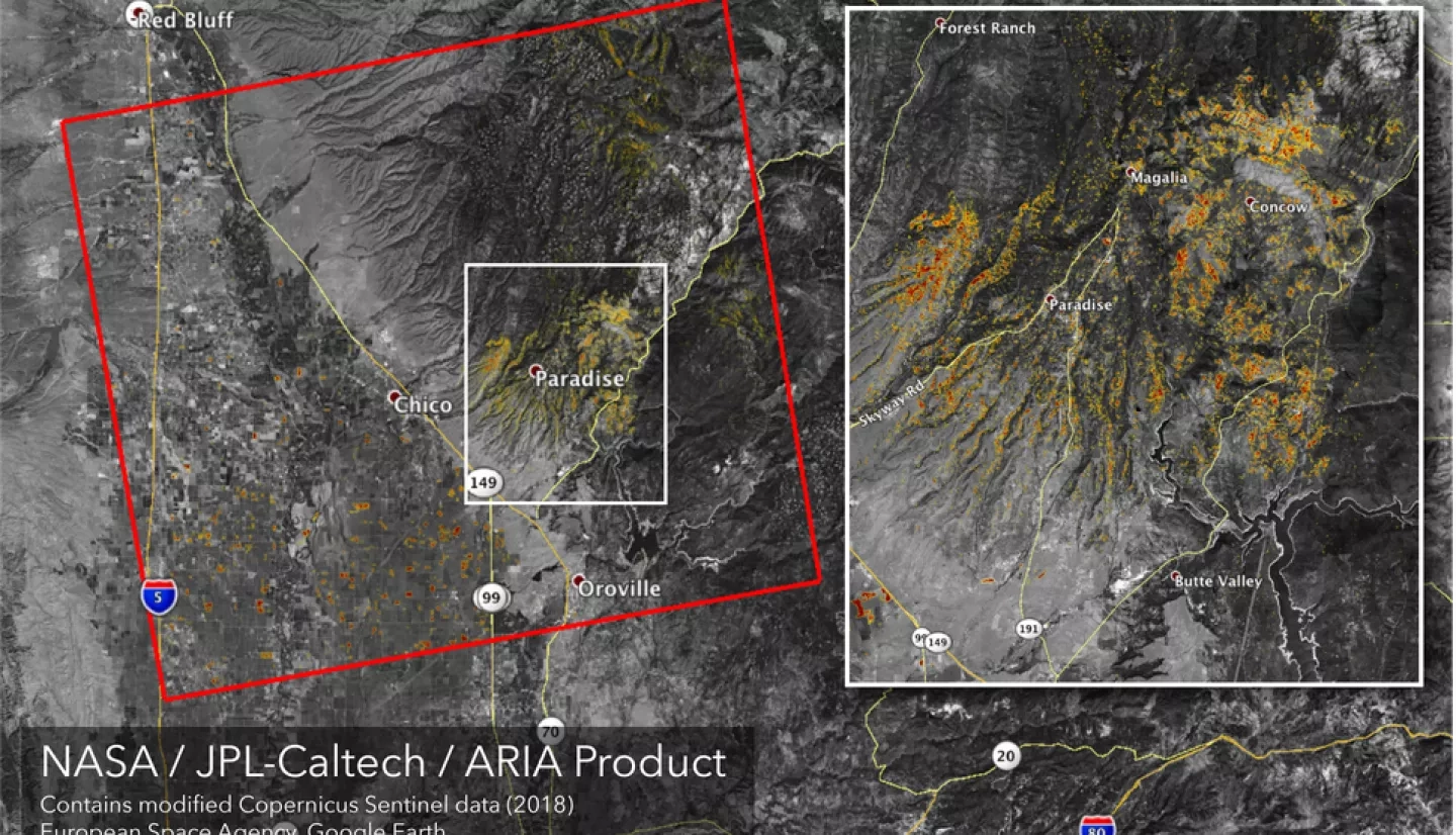 NASA's ARIA team created this Damage Proxy Map showing the impact of the Camp Fire in Northern California. The white rectangle shows a closer view of the town of Paradise.  NASA/JPL-Caltech/ESA