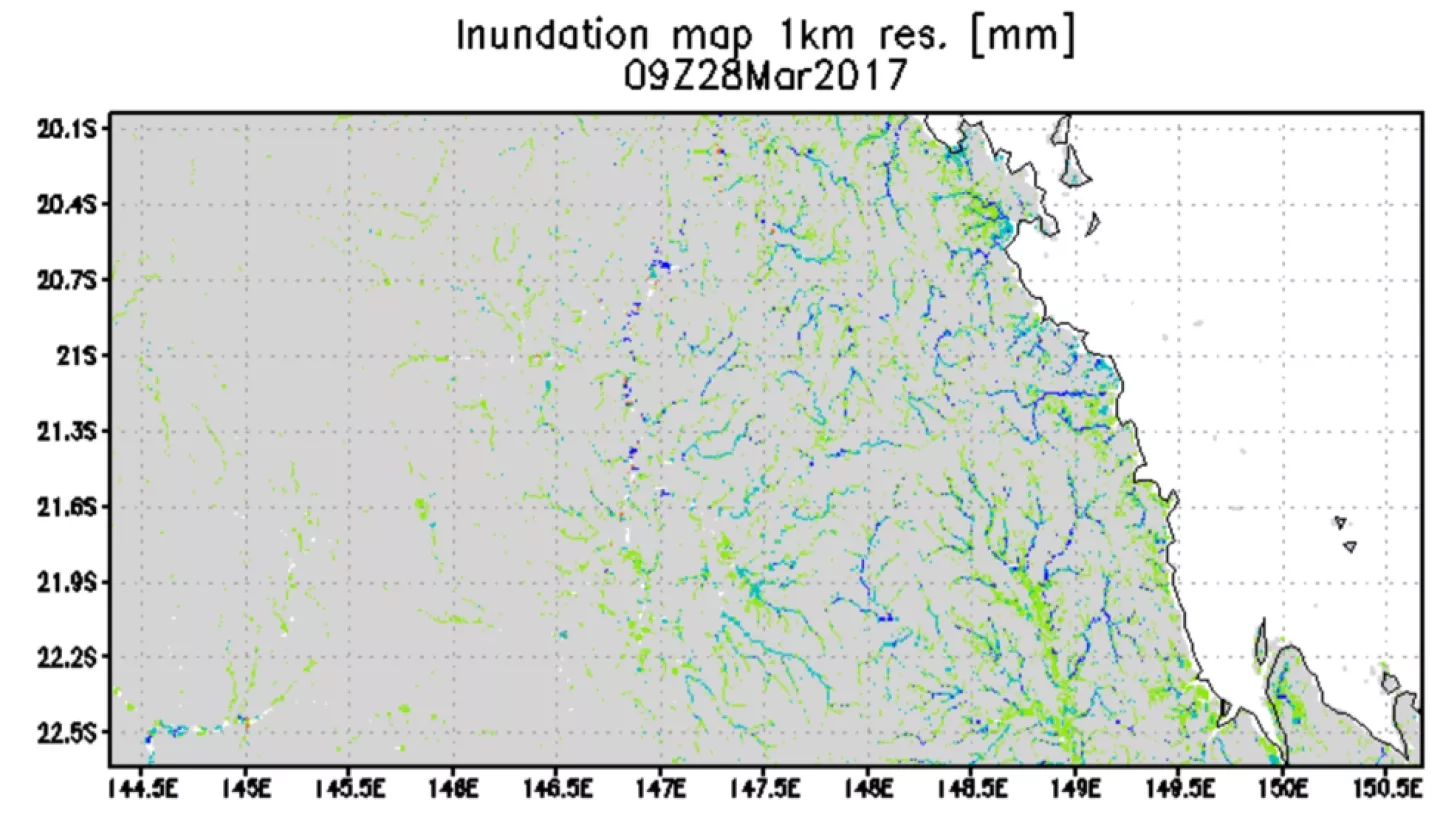 An inundation map of the region near Proserpine, Australia, produced using the Global Flood Monitoring System (GFMS) on 3/28/17. 
