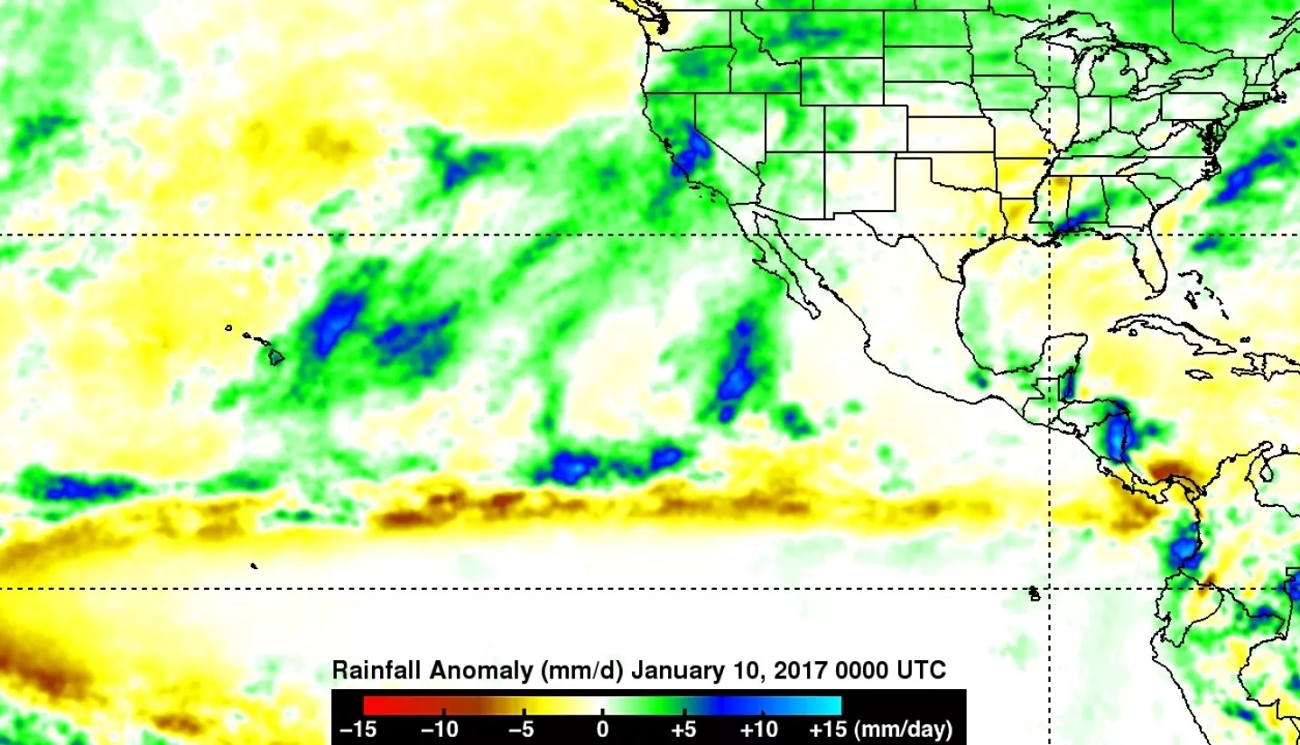 TMPA rainfall anomalies for the one month period ending on 10 January 2017