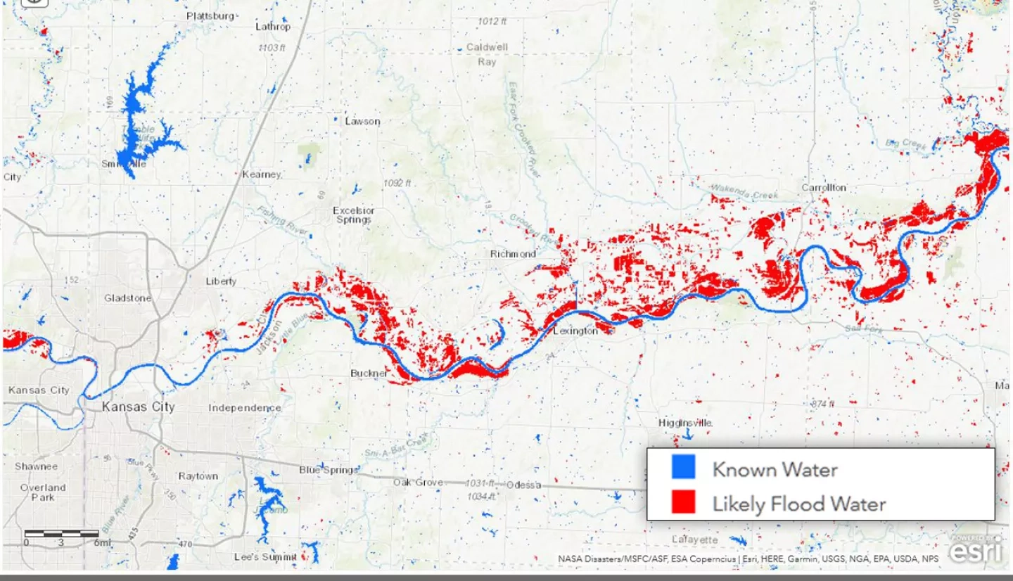 This map shows water extent along the Missouri River and surrounding regions on May 29th, 2019. Areas with likely flooding detected are shown in red.  