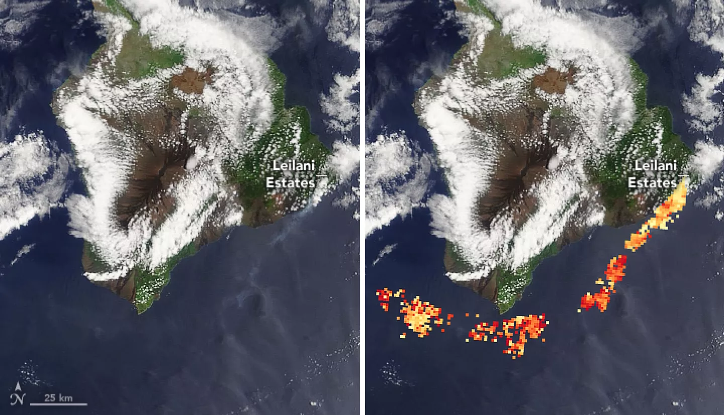 two side-by-side satellite images show a volcano surrounded by the ocean. the image on the right shows red, yellow, and orange dots representing plume height