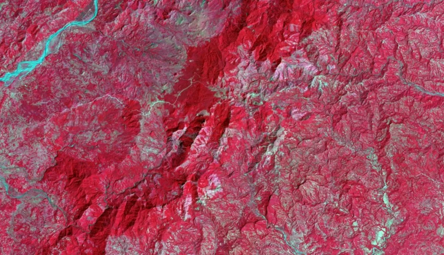 Landsat 8 Operational Land Imager multi-year composite 2017 to 2019. The false color band combination 4, 3, 2 shows land cover distinctions of Southern Panay Island in the Philippines. Primary Forest is represented by the darker red shade along the center. Lighter shades of red indicate Secondary Forest cover. Distinct shades of brighter blue characterize urban areas of the island. Displaying differences in land cover can assist with identifying favorable habitats for endemic species.  Keywords: Visayan Islands Ecological Forecasting