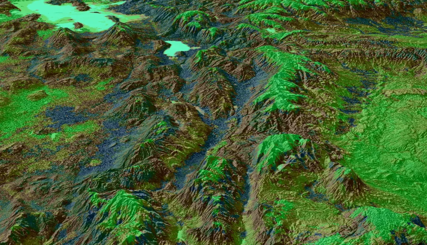 NDVI-processed imagery using data from Suomi-NPP VIIRS on May 1st, 2019 with an overtop of hillshade with vertical exaggeration of 10x. The Uinta National Forest and part of the Manti-La Sal National Forest, located south of the Great Salt Lake, are displayed. Lighter shades of green and blue indicate poor health of vegetation or no vegetation. Shades of brown indicate mildly health vegetation. Shades of dark blue and dark green indicate good to strong health of vegetation. Focusing on areas with bright hues of green as well as terrain, emergency response teams will be aware of potential future fire ignition sites in this area and predict resource allocation.  Keywords: NDVI, eastern Great Basin, VIIRS