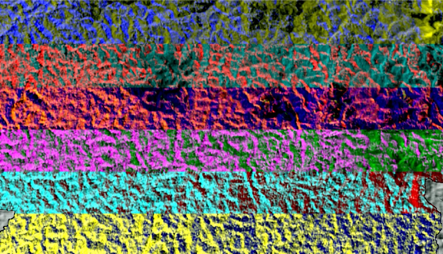 This image is a composite of radiometrically terrain corrected UAVSAR L-band imagery over the Agua Salud Project area in the Panama Canal Watershed, collected on February 2nd, 2010 and March 13th, 2015 from the NASA Gulfstream III Jet. The image is composed of several images, with different temporal combinations of the HV backscatter. Darker colors show an increase in volume scattering over time, indicating increased biomass. These images were used to discern land cover change.  Keywords: UAVSAR, RTC, Agua Salud Project, STRI